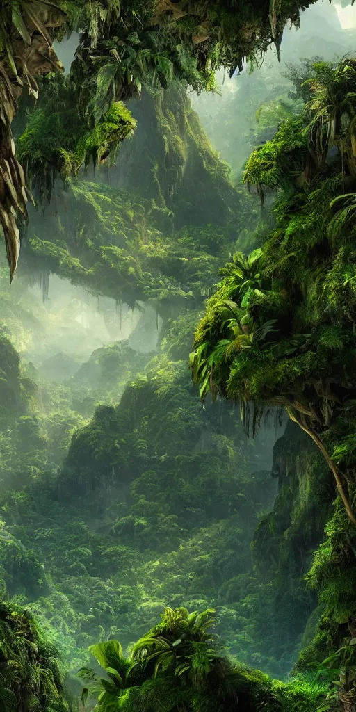 jungle, explorers, mist, god rays, concept art