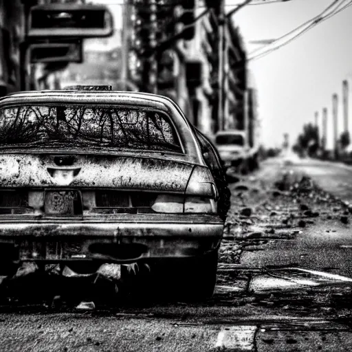 Image similar to an abandoned car in the middle of the street, dark smoke in the background, filthy streets, broken cars. Vines growing. Jpeg artifacts. Trending on flickr. Full-color photo. Samyang/Rokinon Xeen 50mm T1.5