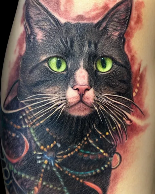 Image similar to close up of a beautiful cat with colourful intricate tattoos, by william - adolphe bouguereau, artistic, intricate drawing, realistic fantasy, extremely detailed and beautiful aesthetic face, 8 k resolution, dramatic lighting