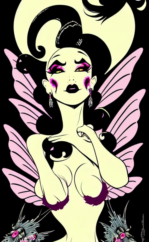 Prompt: fairy with a detailed face and black hair, burlesque psychobilly, rockabilly, punk, wide angle shot, white background, vector art, illustration by frank frazetta