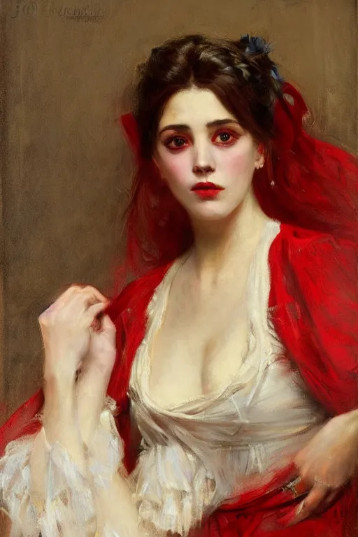 Prompt: Solomon Joseph Solomon and Richard Schmid and Jeremy Lipking victorian genre painting full length portrait painting of a young beautiful woman french courtesan in fantasy costume, red background