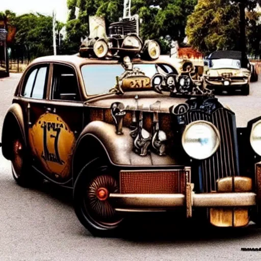 Prompt: steampunk gangster vintage car