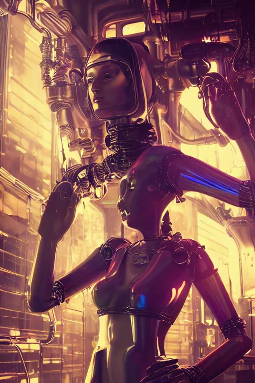 Image similar to portrait of humongous cyberpunk female android, symmetric, body full glowing vacuum tubes, realistic digital art, 3 d render of futuristic steampunk generators inside a huge steampunk engine, 8 k, fluorescent colors, halluzinogenic, multicolored, exaggerated detailed, unreal engine, by moebius