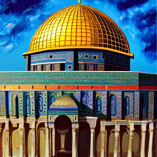 Image similar to a beautiful oil painting flyer design illustration of dome of the rock jerusalem hands hugging it, intricate, elegant, highly detailed, digital painting, artstation, concept art, smooth, sharp focus, illustration