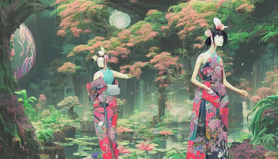 Image similar to a digital painting of a magical japanese temple with a woman wearing gucci exploring, lush plants and flowers, eco - cyberpunk art by james jean, cgsociety, retrofuturism, anime aesthetic, chromatic, iridescent, uhd