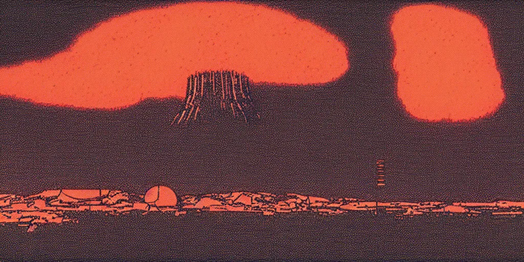 Prompt: a close - up grainy risograph, matte painting of a scene from the terminator doomsday atomic explosion by moebius and lehr paul