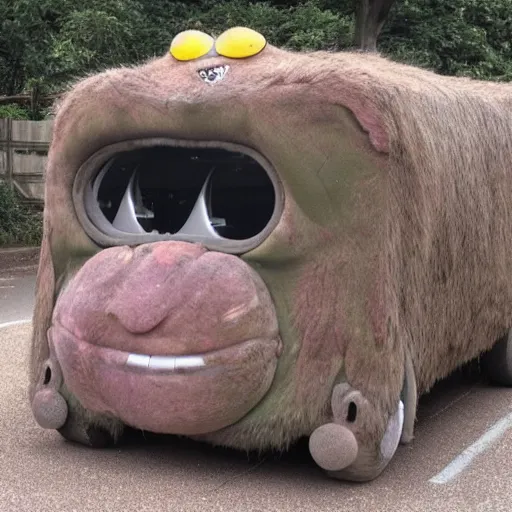 Image similar to hairy flesh covered car with eyes and a mouth