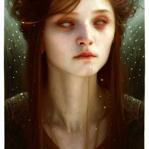 Image similar to portrait of an innocent girl manifesting eternity in a blink, face, fantasy, intricate, elegant, dramatic lighting, highly detailed, lifelike, photorealistic, digital painting, artstation, concept art, smooth, sharp focus, illustration, art by John Collier and Krenz Cushart and Artem Demura and Alphonse Mucha and and Albert Aublet