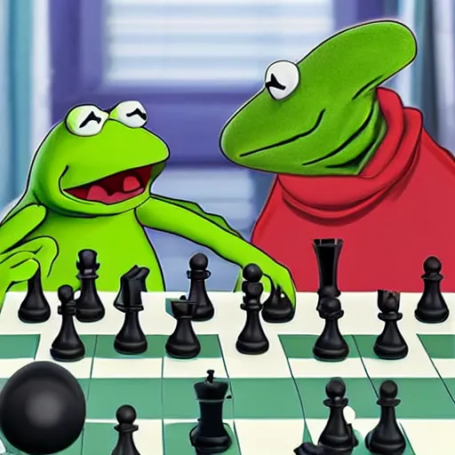 Prompt: Big Chungus and Kermit playing chess.