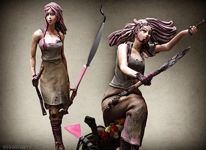 Prompt: an ominous femo figurine of a cute funny spear wielding fairy survivalist with bandages wearing a dirty floral torn dress featured on left 4 dead by studio ghibly and gamesworkshop, carrying survival gear in a large backpack, using a modelling knife as a spear, dark and moody atmosphere, hiding from zombies, 🎀 🗡 🧚