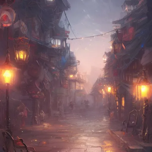 Image similar to this place is truly beautiful and the atmosphere is buzzing the town lights are glowing particularly brightly tonight, trending on artstation,