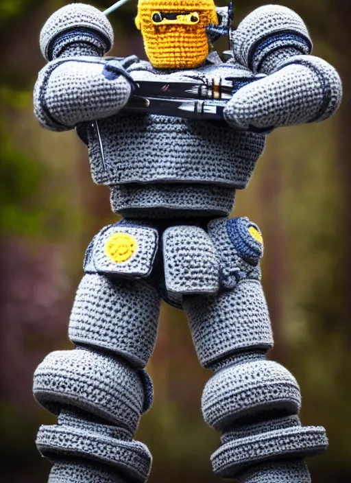 Image similar to a crochet mecha, holding a sword, realistic, no cropping, full body, Sigma 50 mm f/1.4