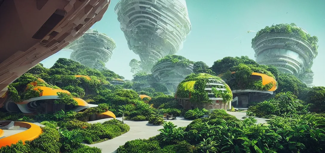 Prompt: a futuristic biome, gardens and orange brutalist buildings with plants growing on top sci - fi, digital art by beeple