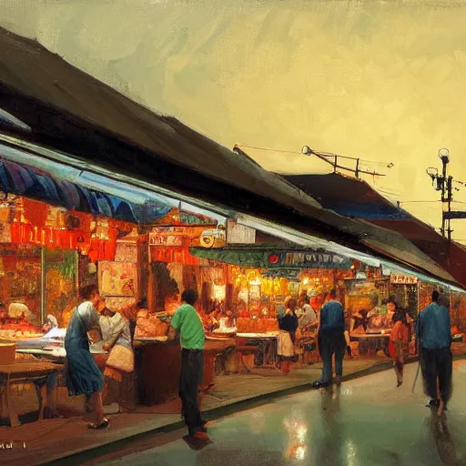 Prompt: a hawker centre at night, by tom lovell