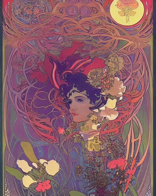 Image similar to psychedelic exotic flowers on a mysterious planet by Alphonse Mucha, Moebius, hiroshi yoshida, Art Nouveau, colorful, ultradetailed, vivid colour, 3d