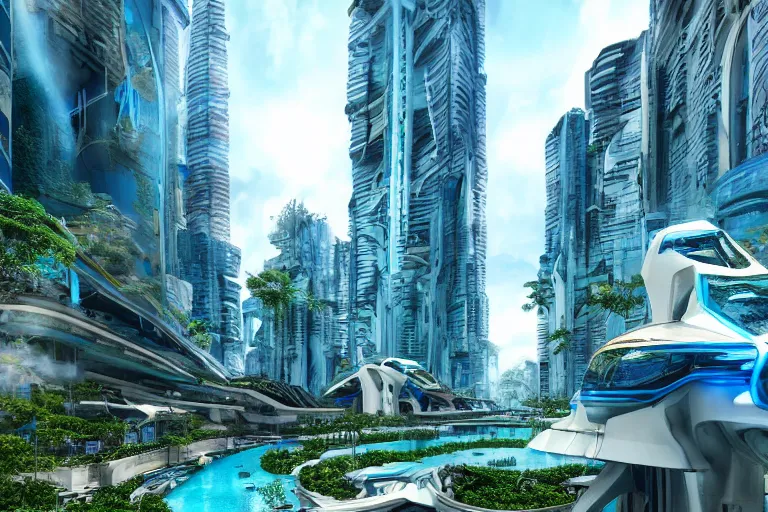 Prompt: futuristic cyberpunk city with Singaporean lush garden with royal blue and green and white and!dream Celestial majestic futuristic other worldly realm with Singaporean royal gold lush volcano, set on Antelope Canyon with royal blue thermal waters flowing down white travertine terraces, relaxing, ethereal and dreamy, visually stunning, painted by Leonardo da Vinci and WLOP, octane render, scifi luxurious gold colors, advanced civilization, high-end street Antelope canyon, rocks formed by water erosion, walls made of beautiful smooth sandstone light beams that shine, polish narrow slots of walls into a striated swirling finish, digital painting, concept art, smooth, sharp focus, from Star Trek 2021, illustration, by WLOP and Ruan Jia and Mandy Jurgens and William-Adolphe Bouguereau, Artgerm