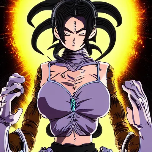 Image similar to a modern age goddess of death in the style of akira toriyama in the style of Hirohiko Araki detailed realistic High Resolution HD 8k