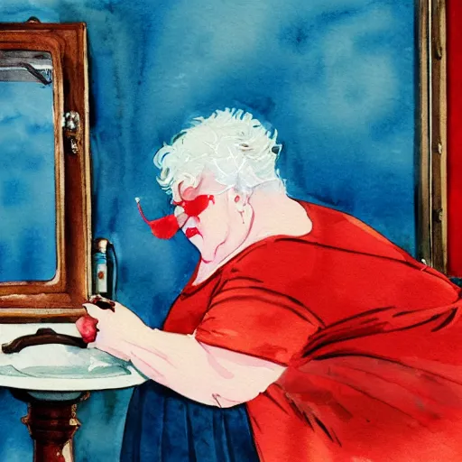 Image similar to a very funny comic style watercolor painting of a sweet fat old woman kissing her reflection. symmetrical face, red mouth, blue eyes. a flowered dress. a hyper - realistic scene. 3 d, octane processing, deep focus, white scene. a very funny and sweet picture. unreal engine. watercolor. fellini cinematic style. poster quality. freud painting style.