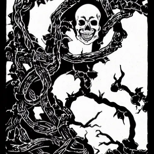 Image similar to A skull, with vines coming out of the eye sockets. Dark Fantasy, Film Noir, Black and White. High Contrast, Mike Mignola, D&D, OSR