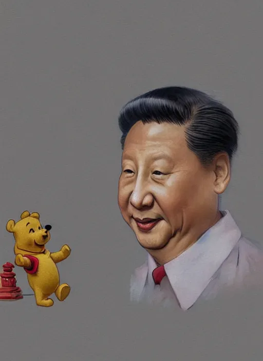 Image similar to portrait of Xi Jinping playing with Winnie the Pooh in a trashy Chinese dirt poor temple, beta weak male, digital painting, concept art, smooth, sharp focus, illustration, from Metal Gear, by Ruan Jia and Mandy Jurgens and William-Adolphe Bouguereau, Artgerm