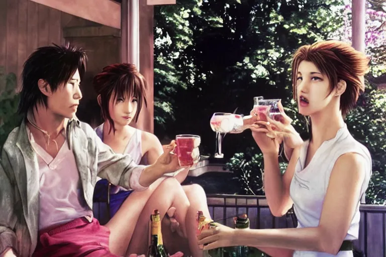 Image similar to makoto kusanagi and aerith gainsbourgh share drinks on the veranda, photographed by annie liebovitz