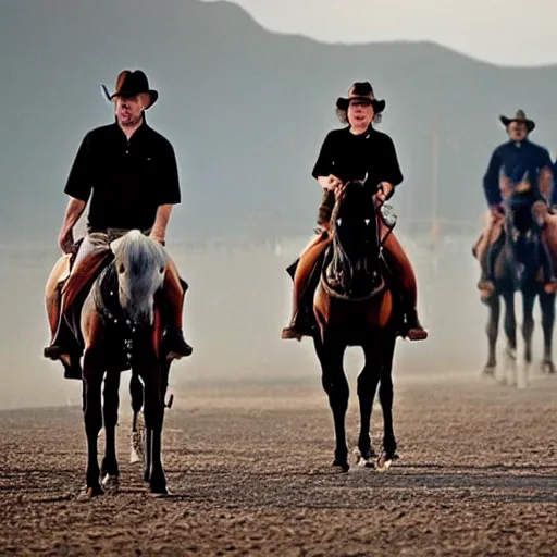 Image similar to Western, people on horses with wheels instead of legs