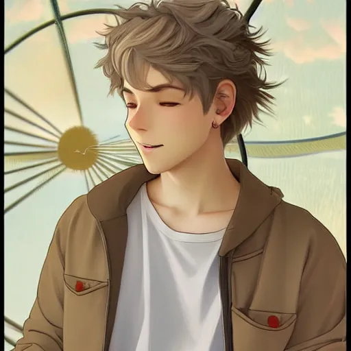 Image similar to young man with short, ash blond greyish hair, light brown eyes, casual clothes, relaxing, happy, path traced, highly detailed, high quality, digital painting, by studio ghibli and alphonse mucha, beautiful details, soft and cosy