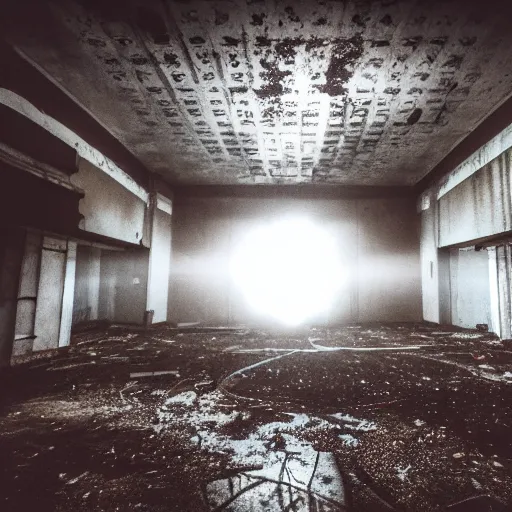 Image similar to photography of inside of an abandoned old cinema fitlh and grim apex creepy dark atmosphere fog dust, ray of sun from the rooftop, colorized, wide angle, 1 6 mm lens fujifilm, grainy film