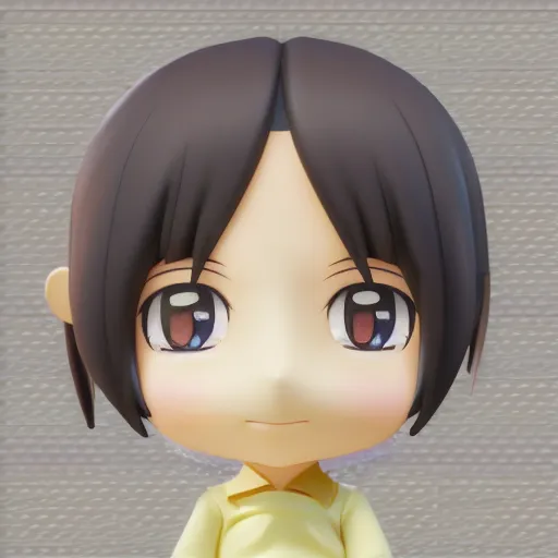 Image similar to character face portrait of a singular kawaii chibi in the sytle of kyoto animation, in simple background, nendoroid eyes, blender, toon rendering, toon shader, anime waifu, hokusai