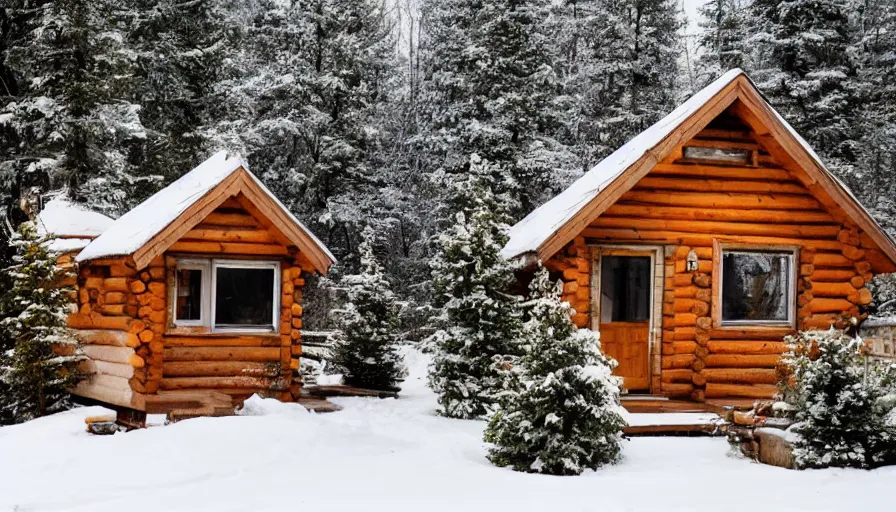 Image similar to empty cozy small cabin, warm, outside winter landscape