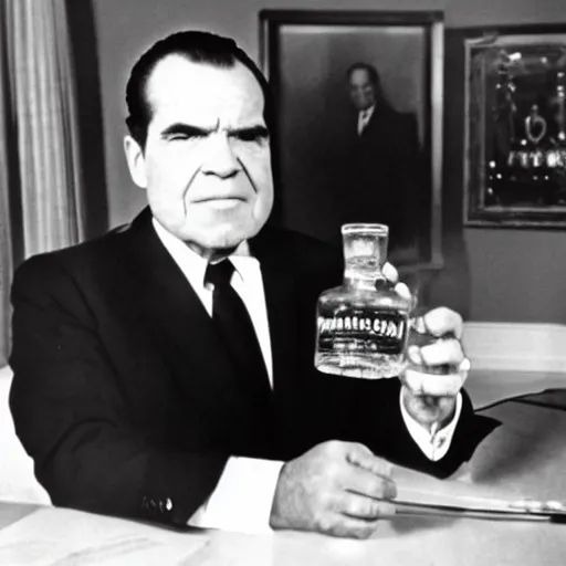 Prompt: Richard Nixon drinking whiskey in the oval office