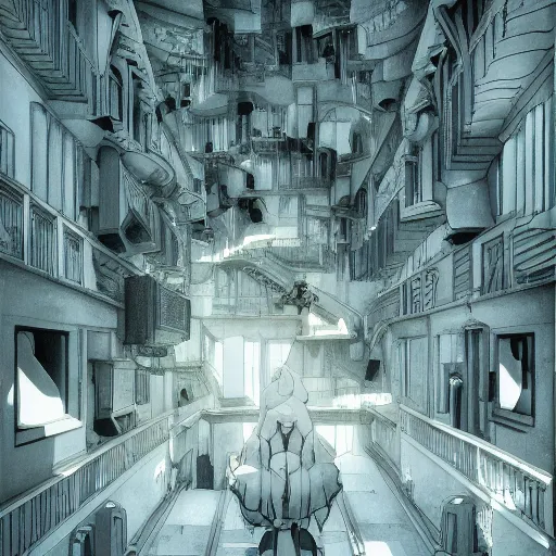 Image similar to a flood of slime in a bright white hallway with many doors and many stairs, Mc Escher architecture, epic composition, by Makoto Shinkai