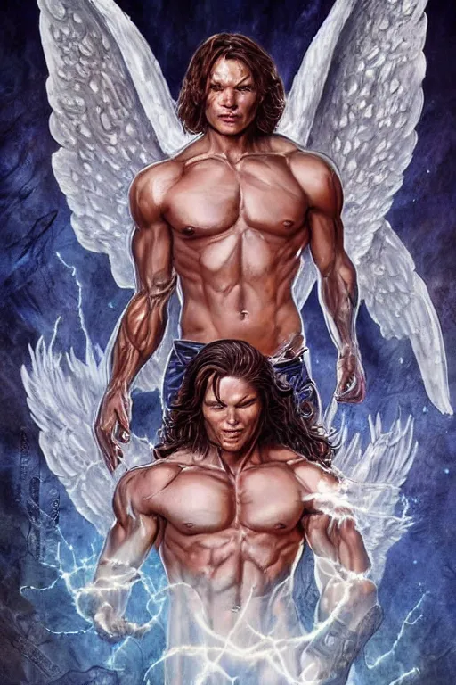 Image similar to muscular Sam Winchester as an angel with religious tattoos on chest and neck, with glowing runes on the body, romance book cover style, D&D dark fantasy style, sharp focus, ultra detailed, art by Artgerm and Peter Andrew Jones, Karol Bak, Ayami Kojima, Amano and Olivier Ledroit