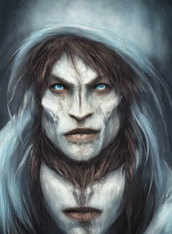 Prompt: a face portrait of an ice troll from skyrim, fantasy setting, beautiful face, serene colors, soft lighting, atmospheric, cinematic, moody, in the style of diego koi, gina heyer, luiz escanuela, art by alyssa monk, hyperrealism, rule of thirds, golden ratio, oil on canvas, 8 k