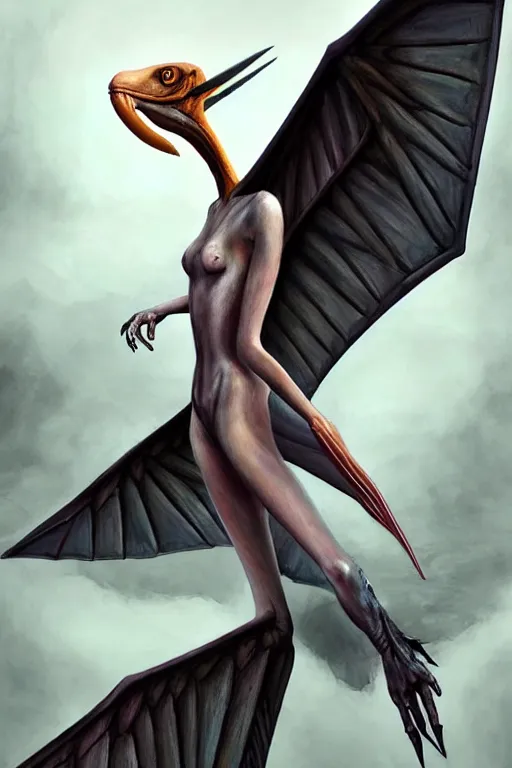 Prompt: epic professional digital art of female human - pterodactyl hybrid animal wearing air force jumpsuit, pterodactyl bat like wings, painting, by lisa roet, reyna rochin, iris van herpen, leesha hannigan, artstation, cgsocietywlop, epic, much wow, much detail, gorgeous, detailed, cinematic, masterpiece