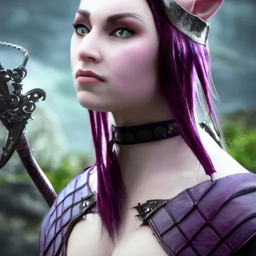 Image similar to anya charlota as a medieval fantasy tolkien elf, dark purplish hair tucked behind ears, wearing leather with a fur lined collar, wide, muscular build, scar across the nose, one black, scaled arm, cinematic, character art, real life, 8 k, detailed.