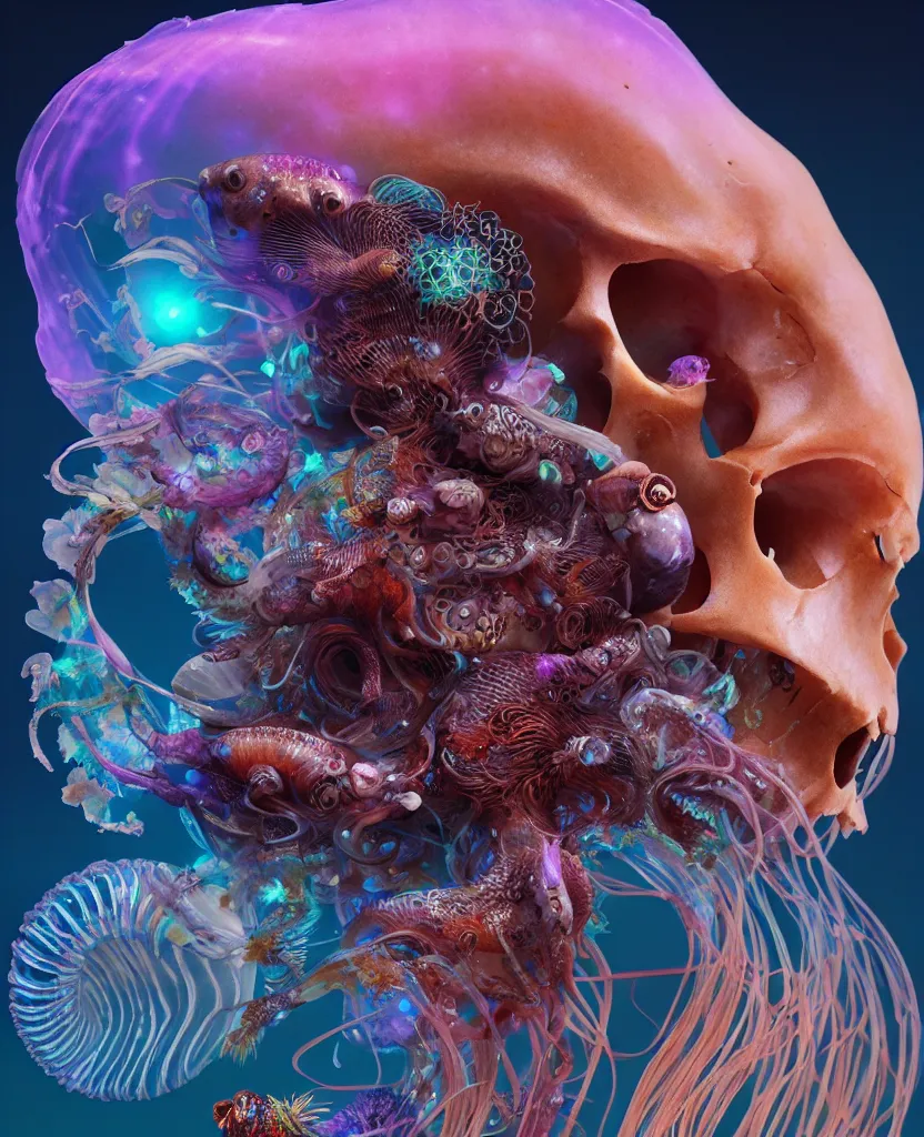 Image similar to goddess close-up portrait animal skull. jellyfish phoenix head, nautilus, orchid, skull, betta fish, bioluminiscent creatures, intricate artwork by Tooth Wu and wlop and beeple. octane render, trending on artstation, greg rutkowski very coherent symmetrical artwork. cinematic, hyper realism, high detail, octane render, 8k