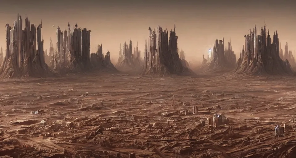 Image similar to hyper realistic sci - fi matte concept art painting of city on mars with towers made of giant stacks of disks, beautiful details, strong composition painted by kim jung guweta studio rutkowski, james gurney and greg rutkowski, and lucasfilm, smooth, intricate, detailed, sharp focus, cinematic