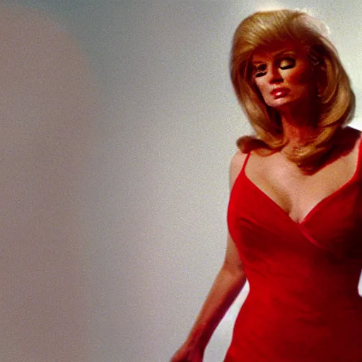 Image similar to donald trump as a hot lady in a red dress, film still, curved body, high quality, 8 k