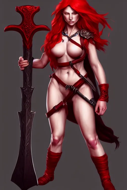 Image similar to a woman with red hair holding two large axes, concept art by senior character artist, true anatomy, extremely beautiful face, extremely detailed face, artstation contest winner, fantasy art, concept art, artstation hd, 2 d game art