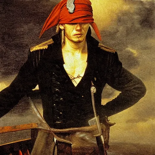 Prompt: pirate wearing an eyepatch, ship, digital oil paint, by caspar david friedrich