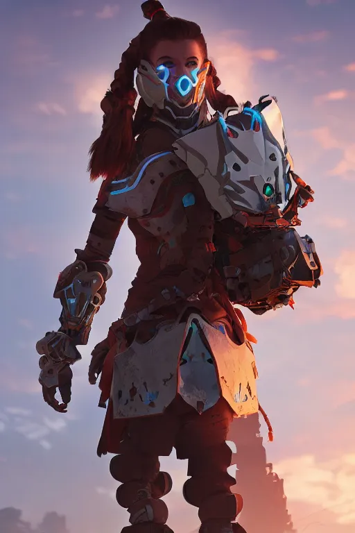 Image similar to combination suit armor aloy horizon forbidden west horizon zero dawn robot ninja mask helmet backpack tribal, aesthetic octane render, 8 k hd resolution, by ilya kuvshinov and cushart krentz and gilleard james radiating a glowing aura cgi rtx 2 0 2 2