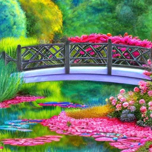 Prompt: a bridge over a pond in a garden filled with flowers, a digital rendering by cherryl fountain, featured on cg society, cloisonnism, enchanting, vivid colors, rich color palette