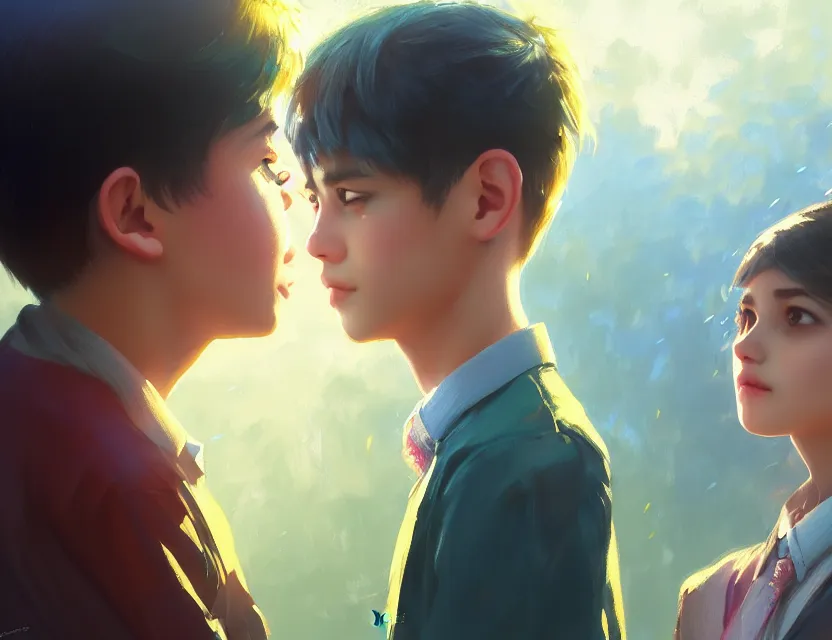 Prompt: a beautiful fashion big eye girl wear flashy dress and a handsome boy wear school uniform in festival | | sunny, dreamlike art, mist, realistic shaded, smile, good looking, fine details, 4 k realistic, cryengine, realistic shaded lighting poster by greg rutkowski, magali villeneuve, artgerm, jeremy lipkin and michael garmash and rob rey