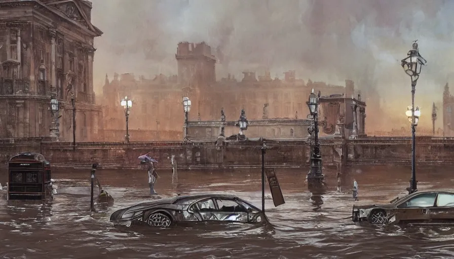 Image similar to A detailed render of a post apocalyptic scene of Buckingham palace in London ruined and devastated by flooding, broken down rusty london buses in flood water, sci-fi concept art, by Syd Mead, highly detailed, oil on canvas