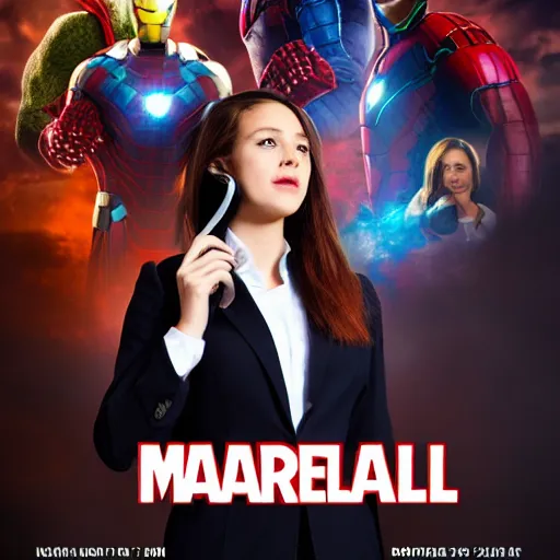 Image similar to a girl talking on a phone, wearing business clothes, marvel movie poster style, 8 k