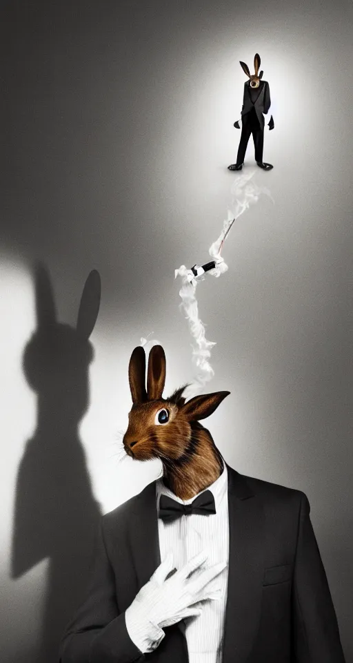 Image similar to a humanoid rabbit wearing a peak lapel suit and smoking a cigarette, chiaroscuro, medium shot, cinematic promo material