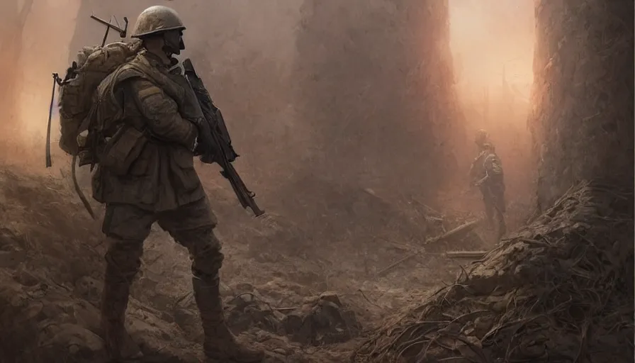 Image similar to beautiful digital painting of a lone survivor, one soldier after his squad killed in action in a trench waiting for the war to end. cinematic lighting and rendering, atmospheric, concept art, high detailed faces, artstation, underpainting by artgerm and greg rutkowski, overlay by eddie mendoza