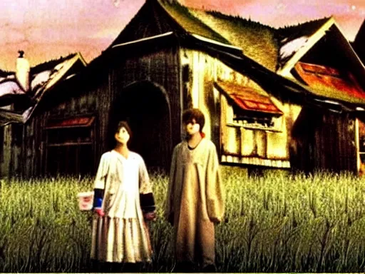 Prompt: full - color still from a 2 0 0 2 live - action tv drama adaptation of haibane renmei. cozy ; peaceful ; bucolic ; quaint.