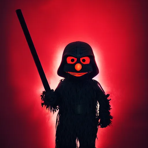 Prompt: Elmo as a dark lord of the sith weilding his red glowing light saber, studio portrait, mysterious lighting, 8K photograph